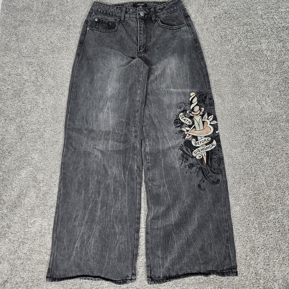 Ed Hardy Jeans Women's 28 Black Relaxed Baggy Wide Leg Painted Logo Y2K Skater - Picture 2 of 13